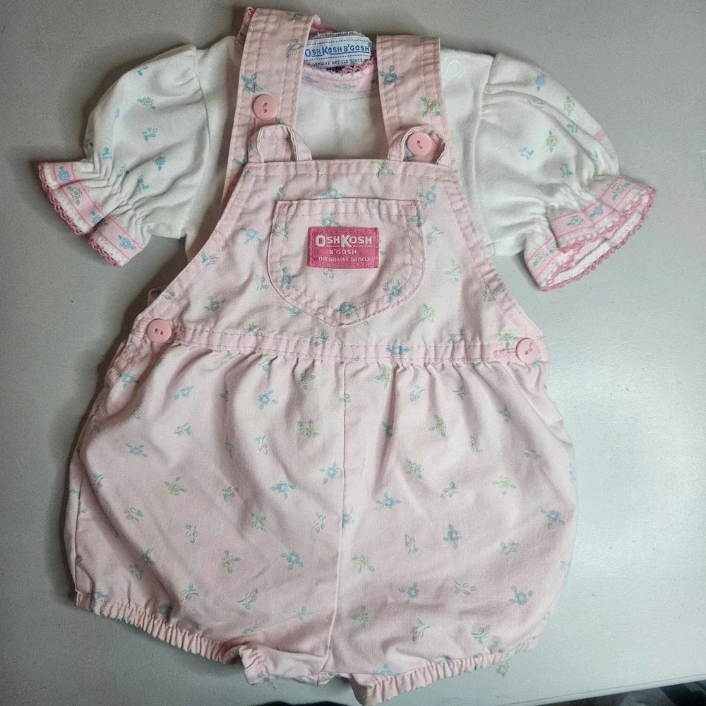 Vintage‎ OshKosh Bgosh Baby Girls Pink Floral Romper Shirt Set Made in USA 18M